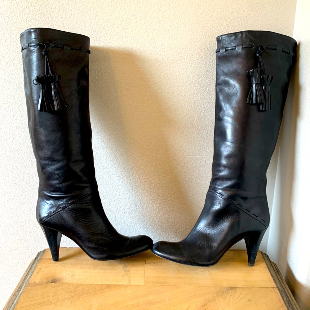 Saks Fifth tall black leather boots with tassels